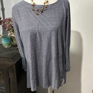 Eileen Fisher Navy and White Micro-Striped Long-Sleeve Boatneck Top